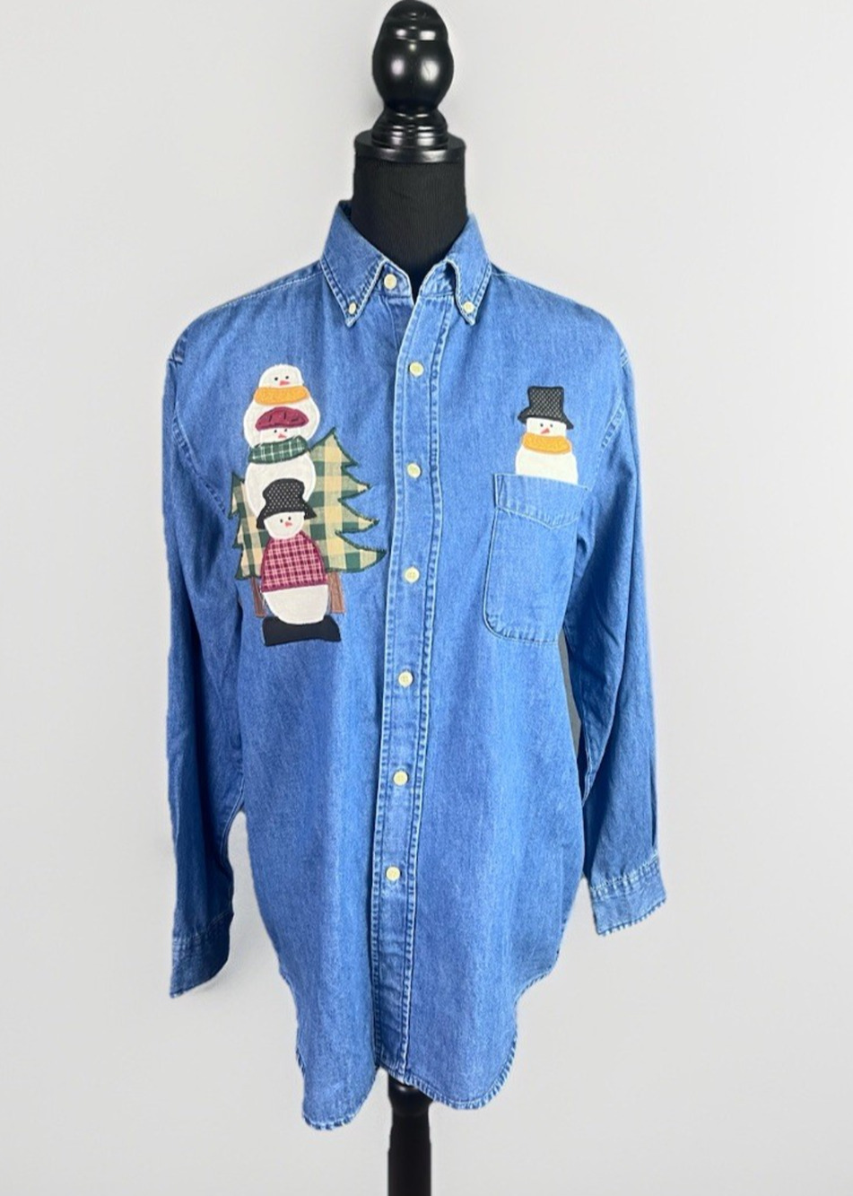 Fruit of the Loom Christmas Denim Shirt Sz S Snowman Applique Holiday Vintage